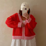 Adult Maeve Contrast Knit Cardigan - Red/Pink