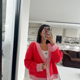 Adult Maeve Contrast Knit Cardigan - Red/Pink