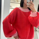 Adult Mia Contrast Knit Jumper - Red/Pink