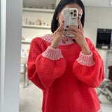 Adult Mia Contrast Knit Jumper - Red/Pink